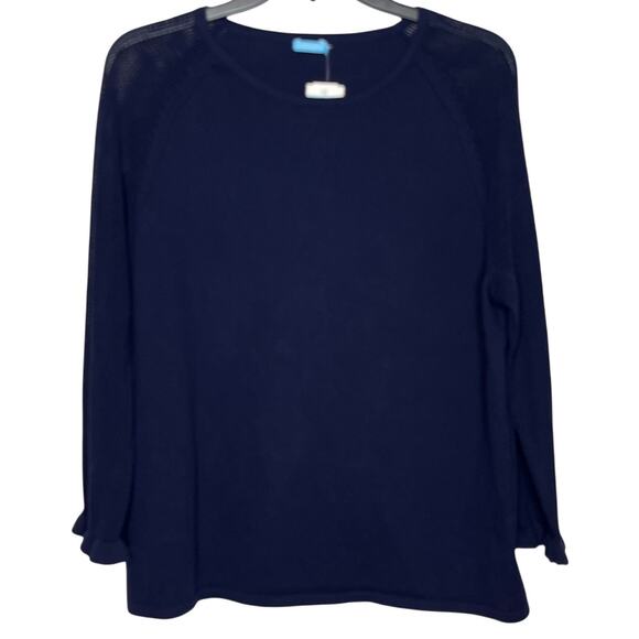 J McLaughlin NEW Large Navy Blue 3/4 Sleeve Boat Neck Sweater Open Knit Sleeves - Picture 1 of 10